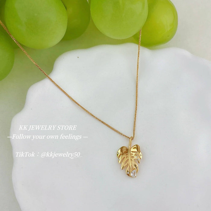 S925 Sterling Silver Gilt Turtle Back Bamboo Leaf Dot Diamond Necklace