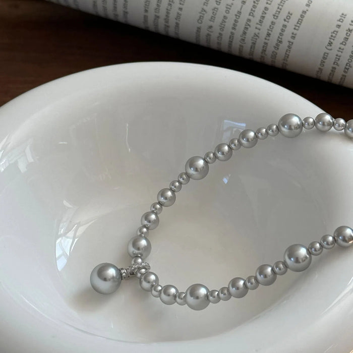 925 Sterling Silver Gray Gradient Faux Pearl Sweater Chain Necklace