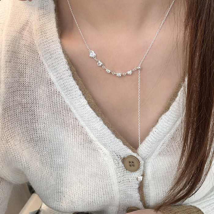 925 Sterling Silver Delicate Zircon Heart Pull-Adjustable Necklace