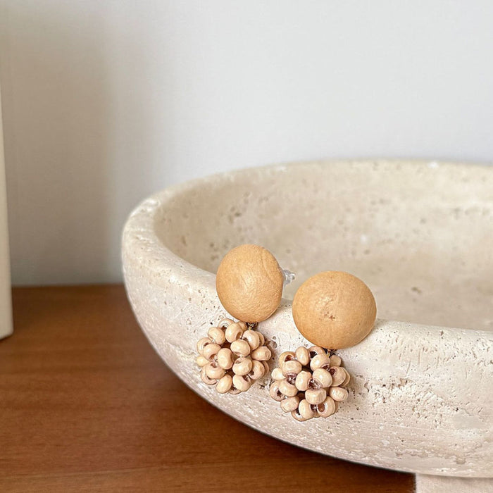 Art ball hand-woven wooden bead pinecone stud earrings