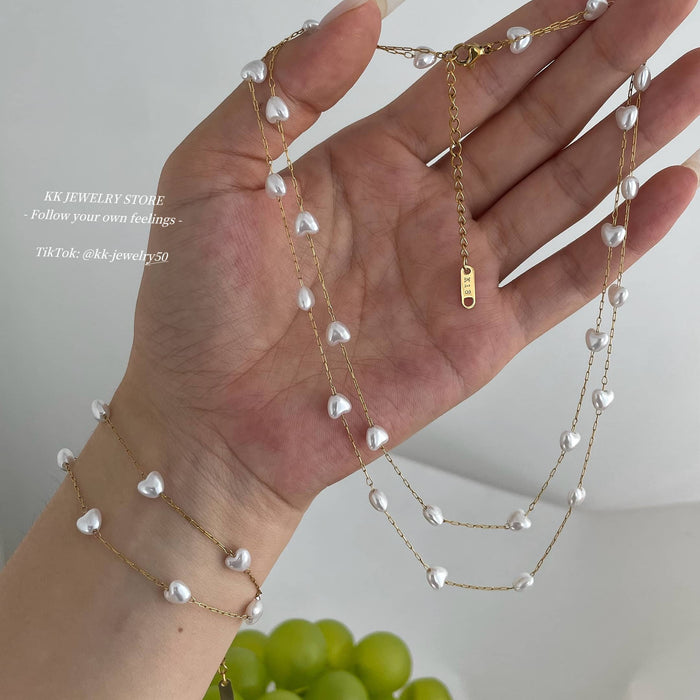 Love imitation pearl double bracelet necklace