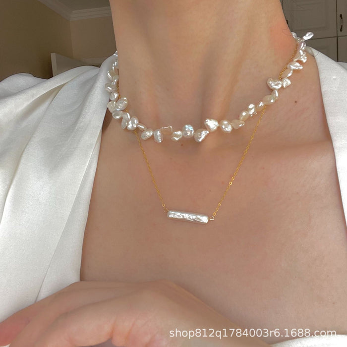 14K Gold-Filled Fortune-Bringing Small Silver Bar Pearl Necklace