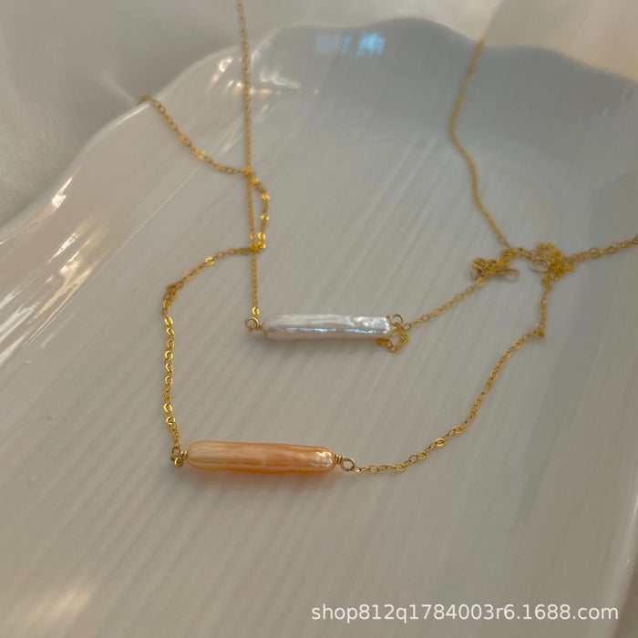 14K Gold-Filled Fortune-Bringing Small Silver Bar Pearl Necklace