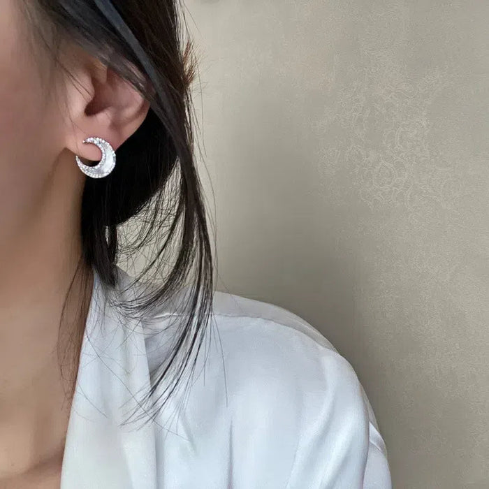 Sterling Silver Moon & Sea Diamond Inlaid Shell Stud Earrings