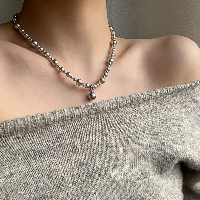 925 Sterling Silver Gray Gradient Faux Pearl Sweater Chain Necklace