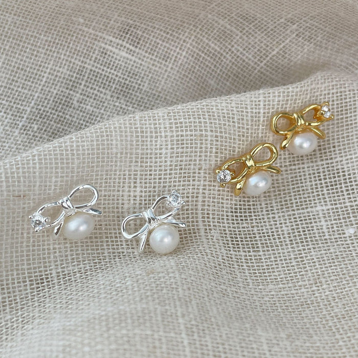 925 Sterling Silver Micro-Paved Zircon Pearl Bow Stud Earrings