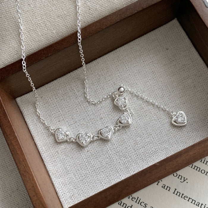 925 Sterling Silver Delicate Zircon Heart Pull-Adjustable Necklace