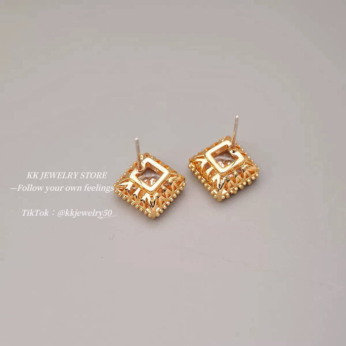 S925 Silver Needle Square Gemstone Brass Stud Earrings