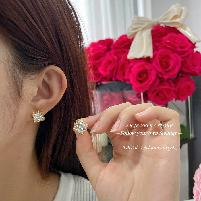 S925 Silver Needle Square Gemstone Brass Stud Earrings