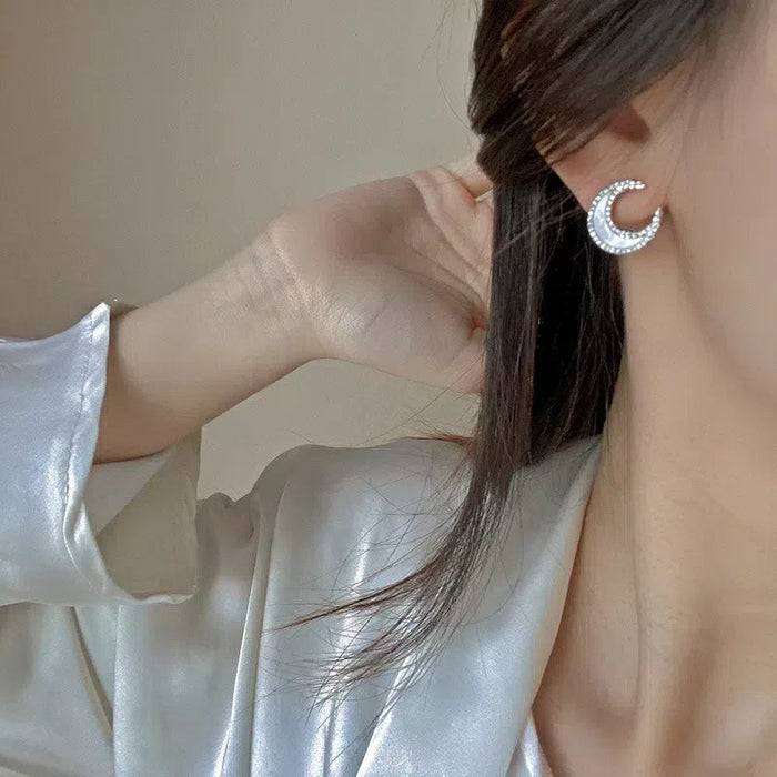 Sterling Silver Moon & Sea Diamond Inlaid Shell Stud Earrings