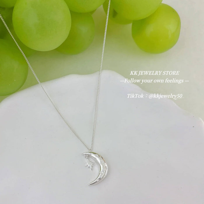 925 Sterling Silver Moon Star Pendant Necklace