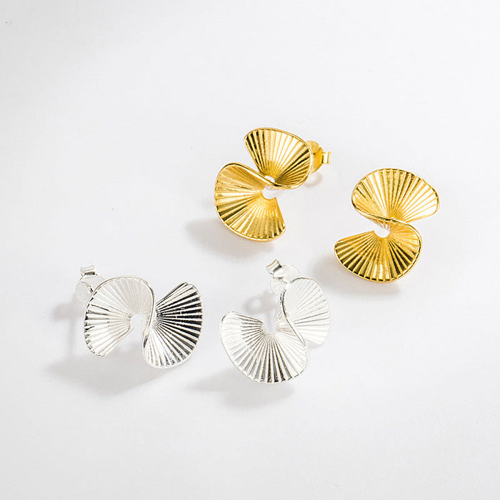 925 Sterling Silver Pin Metal Fan-Shaped Minimalist Stud Earrings