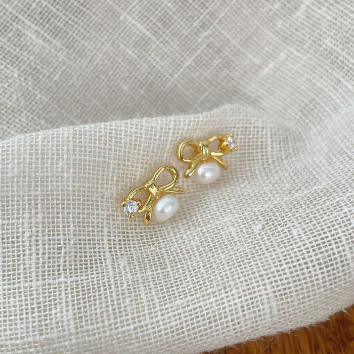 925 Sterling Silver Micro-Paved Zircon Pearl Bow Stud Earrings