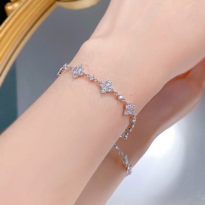 925 Sterling Silver Four-Leaf Clover Full Diamond Bracelet