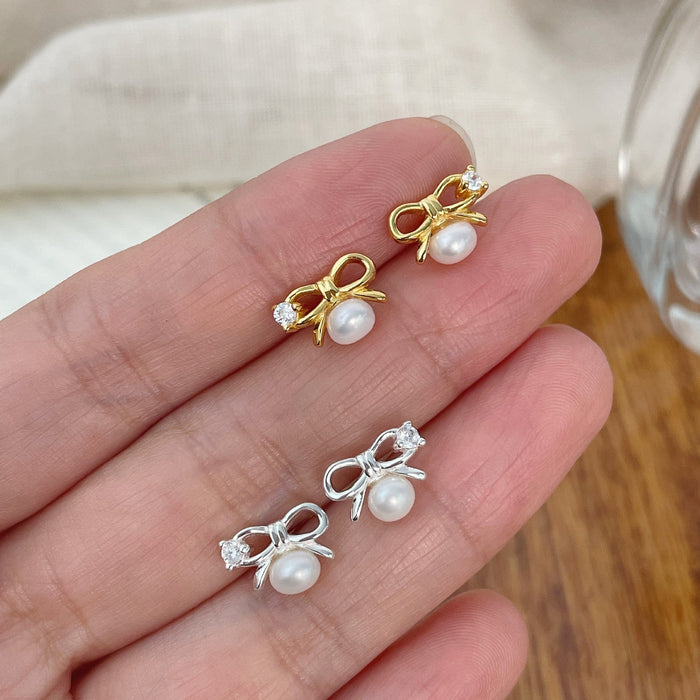 925 Sterling Silver Micro-Paved Zircon Pearl Bow Stud Earrings