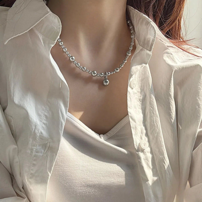 925 Sterling Silver Gray Gradient Faux Pearl Sweater Chain Necklace