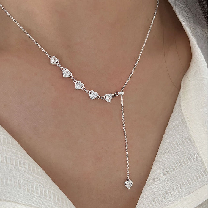 925 Sterling Silver Delicate Zircon Heart Pull-Adjustable Necklace