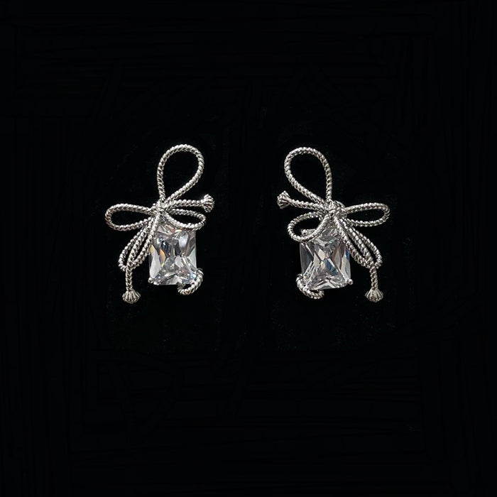 Bowknot Knot Rectangular Zircon Stud Earrings