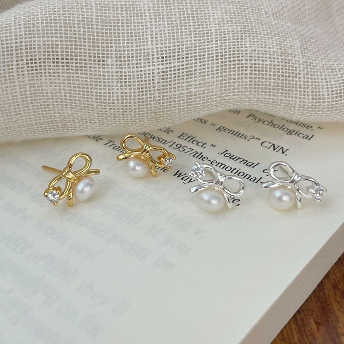 925 Sterling Silver Micro-Paved Zircon Pearl Bow Stud Earrings