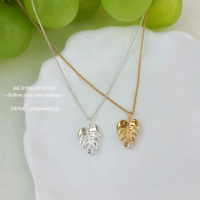 S925 Sterling Silver Gilt Turtle Back Bamboo Leaf Dot Diamond Necklace