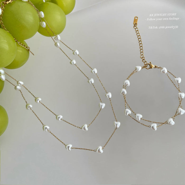 Love imitation pearl double bracelet necklace