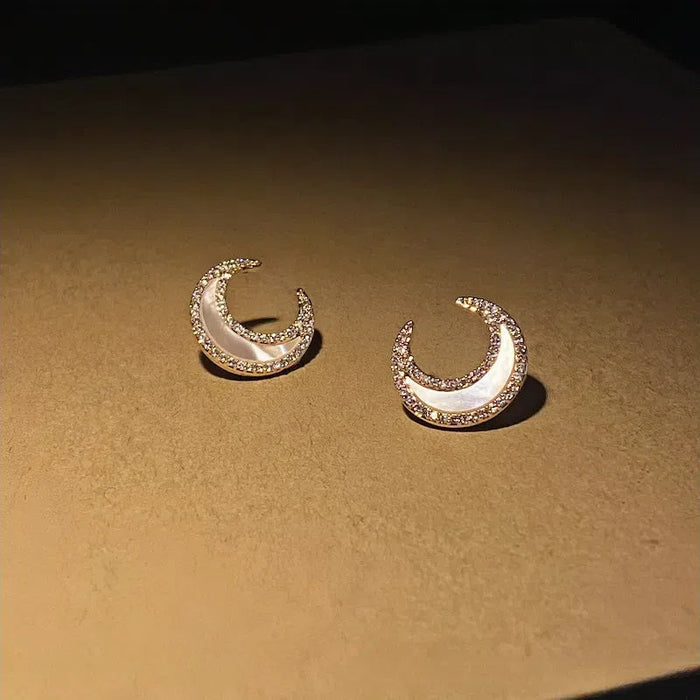 Sterling Silver Moon & Sea Diamond Inlaid Shell Stud Earrings