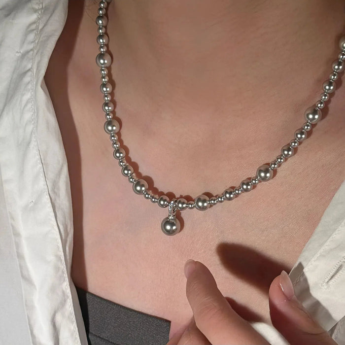 925 Sterling Silver Gray Gradient Faux Pearl Sweater Chain Necklace
