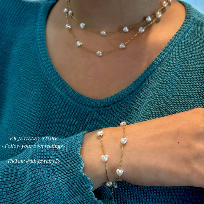 Love imitation pearl double bracelet necklace