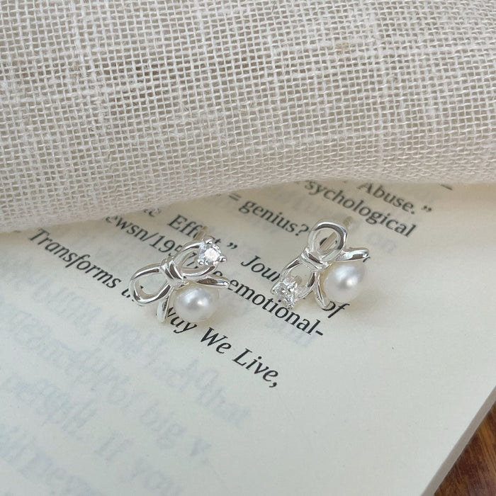 925 Sterling Silver Micro-Paved Zircon Pearl Bow Stud Earrings