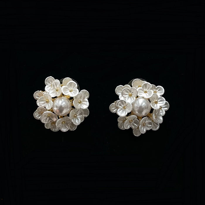 Silver Needle Pearl Flower Cluster Earrings