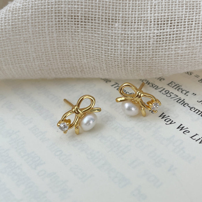 925 Sterling Silver Micro-Paved Zircon Pearl Bow Stud Earrings