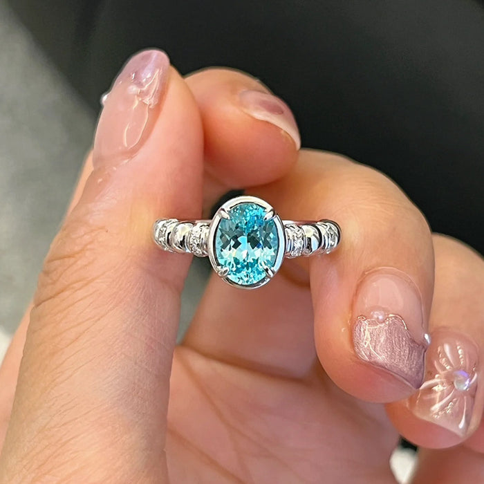 925 Silver 6×8mm Ice Flower Cut Light Sea Blue Ring