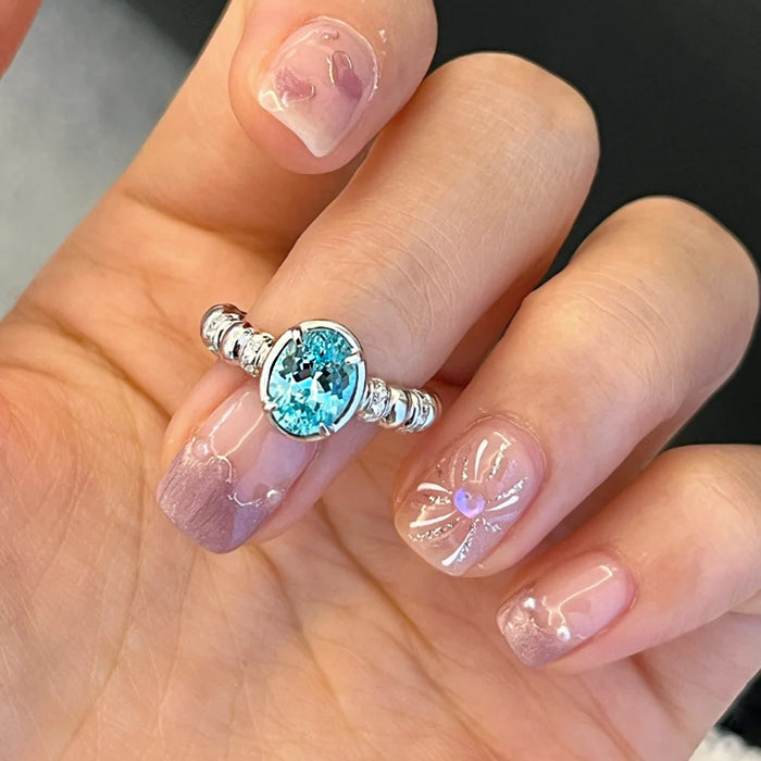 925 Silver 6×8mm Ice Flower Cut Light Sea Blue Ring