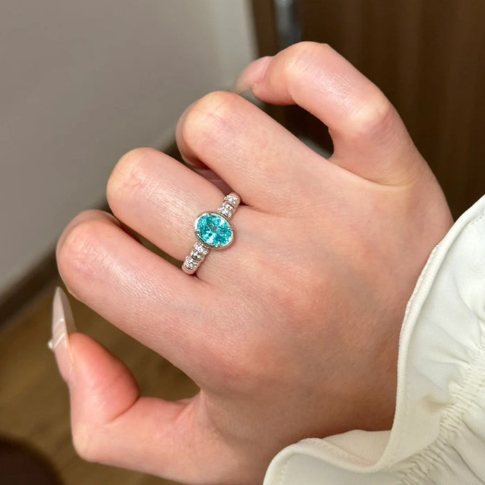 925 Silver 6×8mm Ice Flower Cut Light Sea Blue Ring