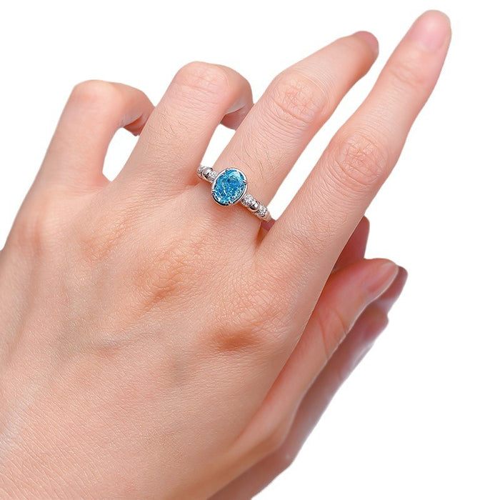925 Silver 6×8mm Ice Flower Cut Light Sea Blue Ring
