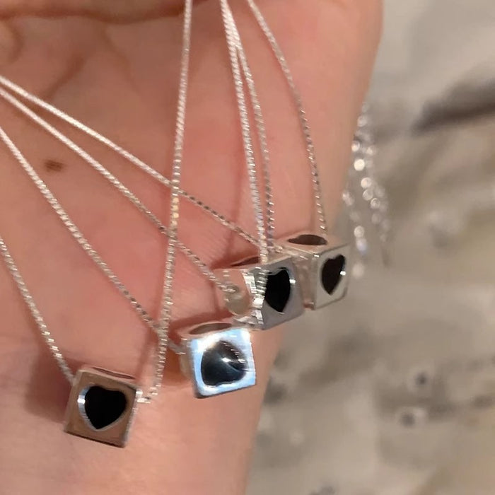 925 Silver Black Heart Square Necklace