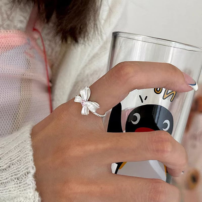 925 Silver Bow Pink Diamond Ring