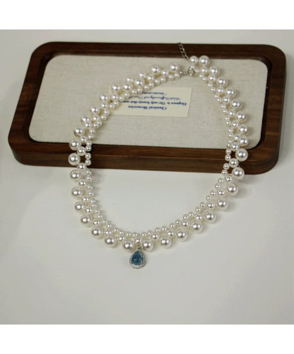 925 Silver Handwoven  Aquamarine Pearl Necklace