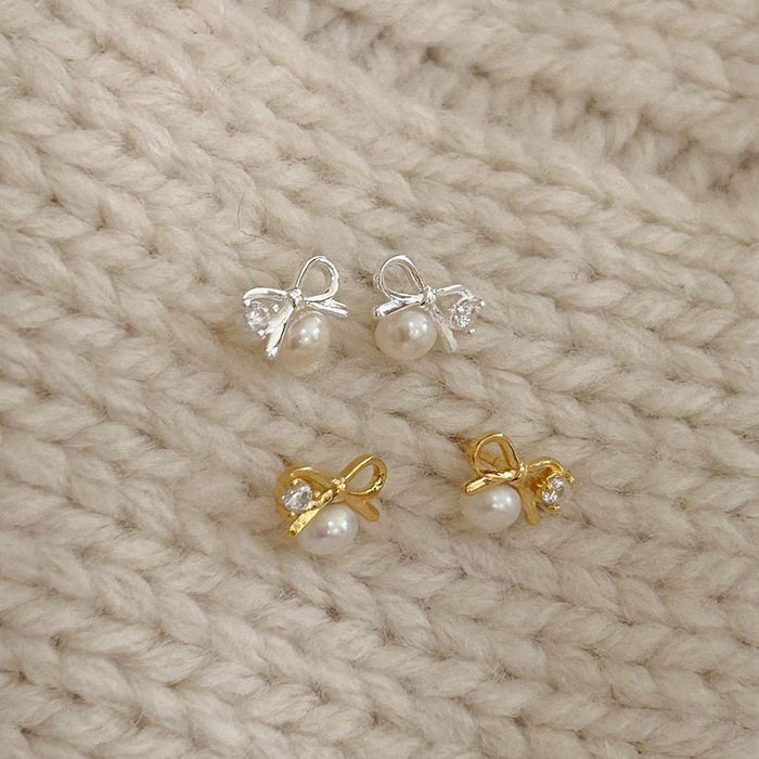 925 Silver Micro-Set Pearl Bow Stud Earrings