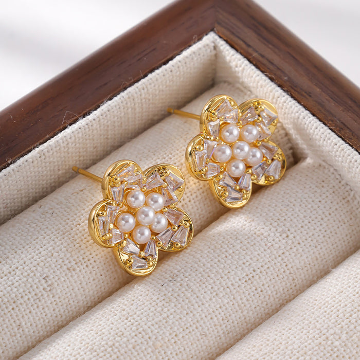 925 Silver Needle Pearl Flower Stud Earrings