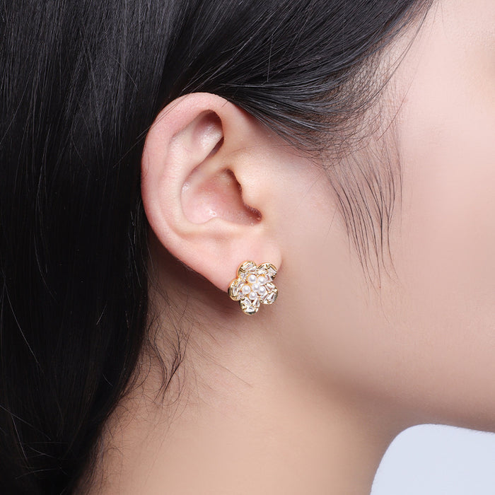 925 Silver Needle Pearl Flower Stud Earrings