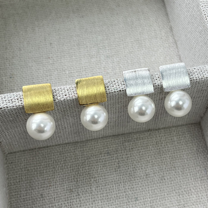 925 Silver Shell Bead Matte Brushed Stud Earrings