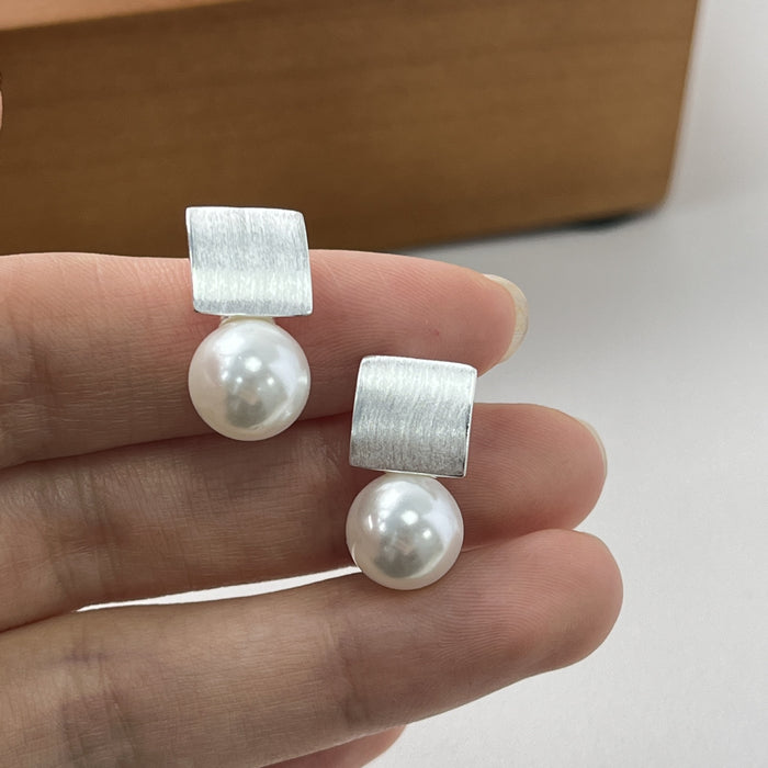 925 Silver Shell Bead Matte Brushed Stud Earrings