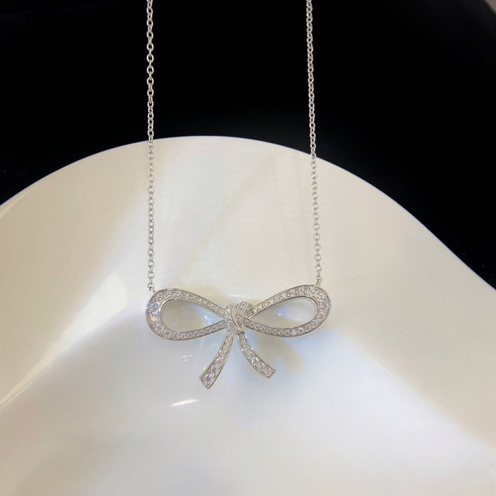 925 SterlingSilver Bow Ribbon Full Diamond Necklace