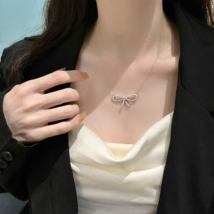 925 SterlingSilver Bow Ribbon Full Diamond Necklace