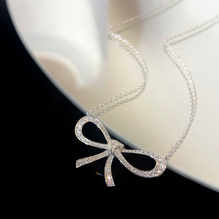 925 SterlingSilver Bow Ribbon Full Diamond Necklace