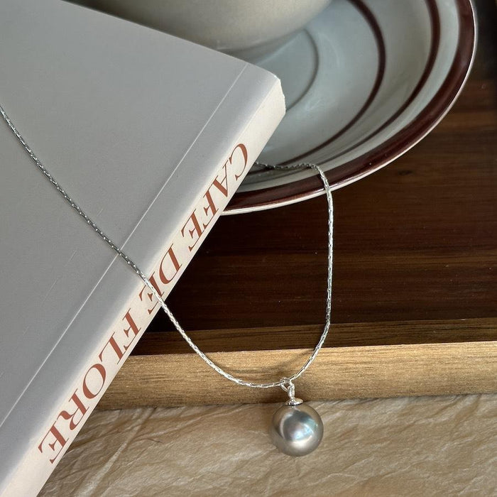 925 Sterling Silver Artificial Gray Single Pearl Pendant Necklace