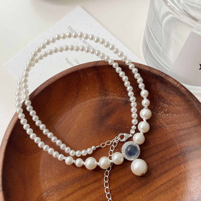925 Sterling Silver Artificial Pearl Natural Aquamarine Necklace