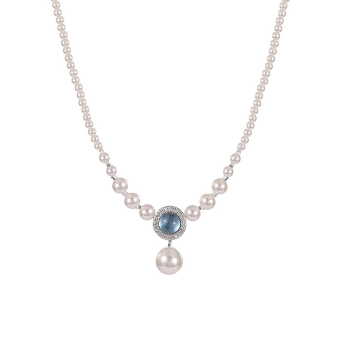 925 Sterling Silver Artificial Pearl Natural Aquamarine Necklace