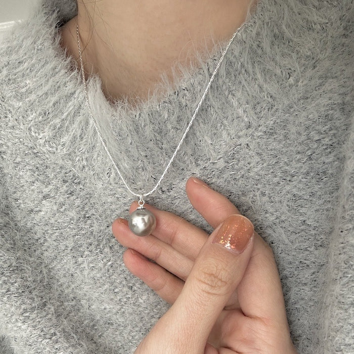 925 Sterling Silver Artificial Gray Single Pearl Pendant Necklace